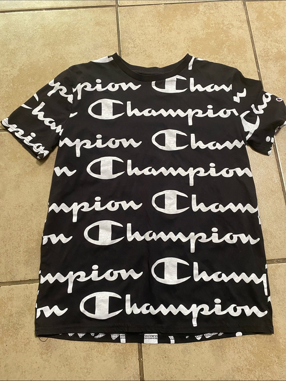 Champion Black Tee with White Allover Logo Print